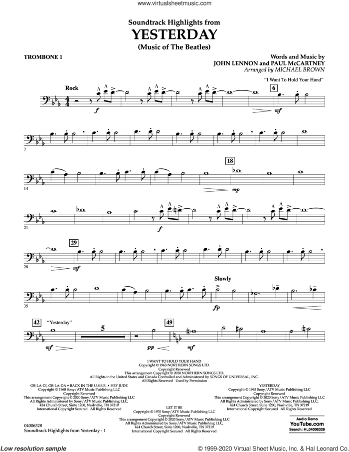 Highlights from Yesterday (Music Of The Beatles) (arr. Michael Brown) sheet music for concert band (trombone 1) by The Beatles, Michael Brown, John Lennon and Paul McCartney, intermediate skill level