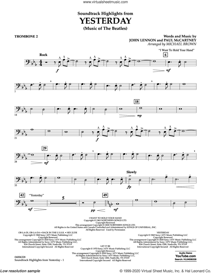 Highlights from Yesterday (Music Of The Beatles) (arr. Michael Brown) sheet music for concert band (trombone 2) by The Beatles, Michael Brown, John Lennon and Paul McCartney, intermediate skill level