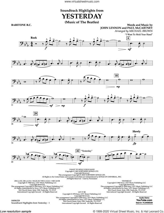 Highlights from Yesterday (Music Of The Beatles) (arr. Michael Brown) sheet music for concert band (baritone b.c.) by The Beatles, Michael Brown, John Lennon and Paul McCartney, intermediate skill level