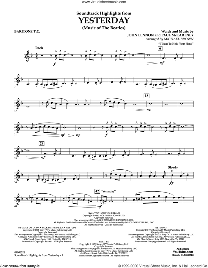 Highlights from Yesterday (Music Of The Beatles) (arr. Michael Brown) sheet music for concert band (baritone t.c.) by The Beatles, Michael Brown, John Lennon and Paul McCartney, intermediate skill level