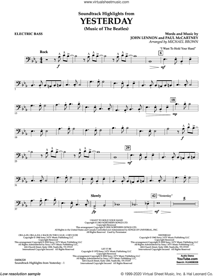 Highlights from Yesterday (Music Of The Beatles) (arr. Michael Brown) sheet music for concert band (electric bass) by The Beatles, Michael Brown, John Lennon and Paul McCartney, intermediate skill level