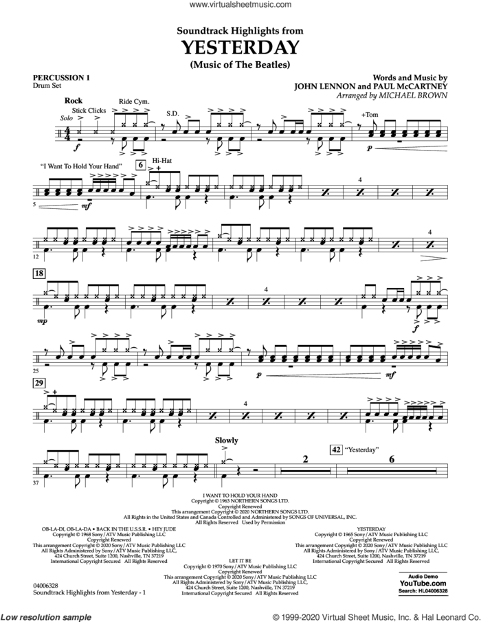 Highlights from Yesterday (Music Of The Beatles) (arr. Michael Brown) sheet music for concert band (percussion 1) by The Beatles, Michael Brown, John Lennon and Paul McCartney, intermediate skill level