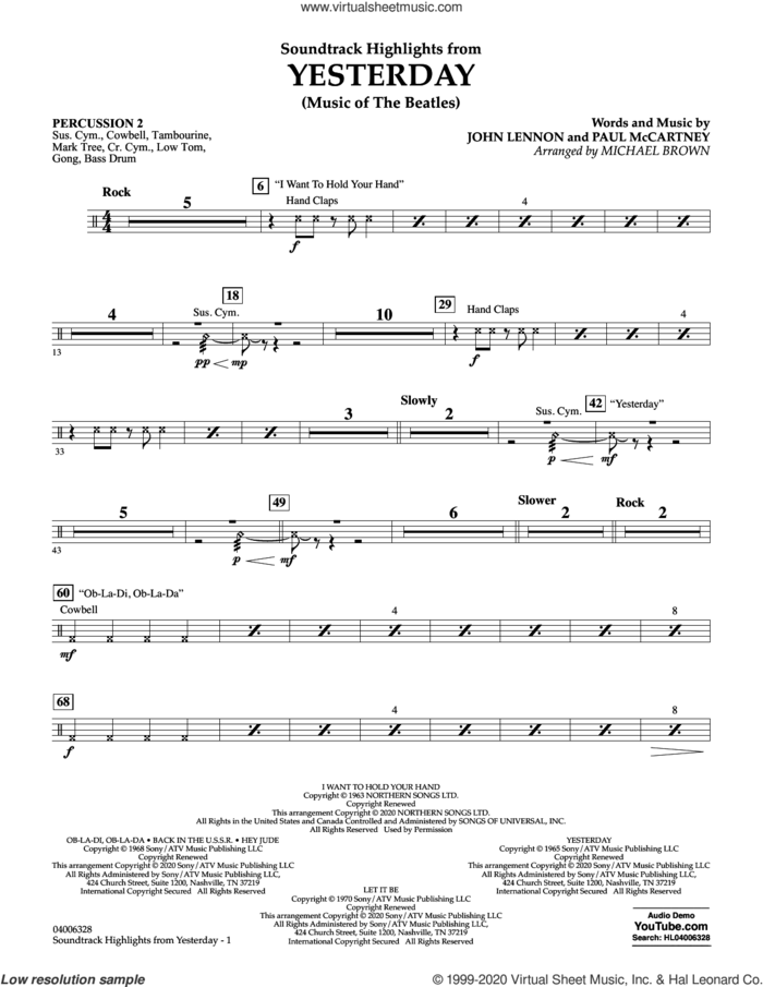 Highlights from Yesterday (Music Of The Beatles) (arr. Michael Brown) sheet music for concert band (percussion 2) by The Beatles, Michael Brown, John Lennon and Paul McCartney, intermediate skill level