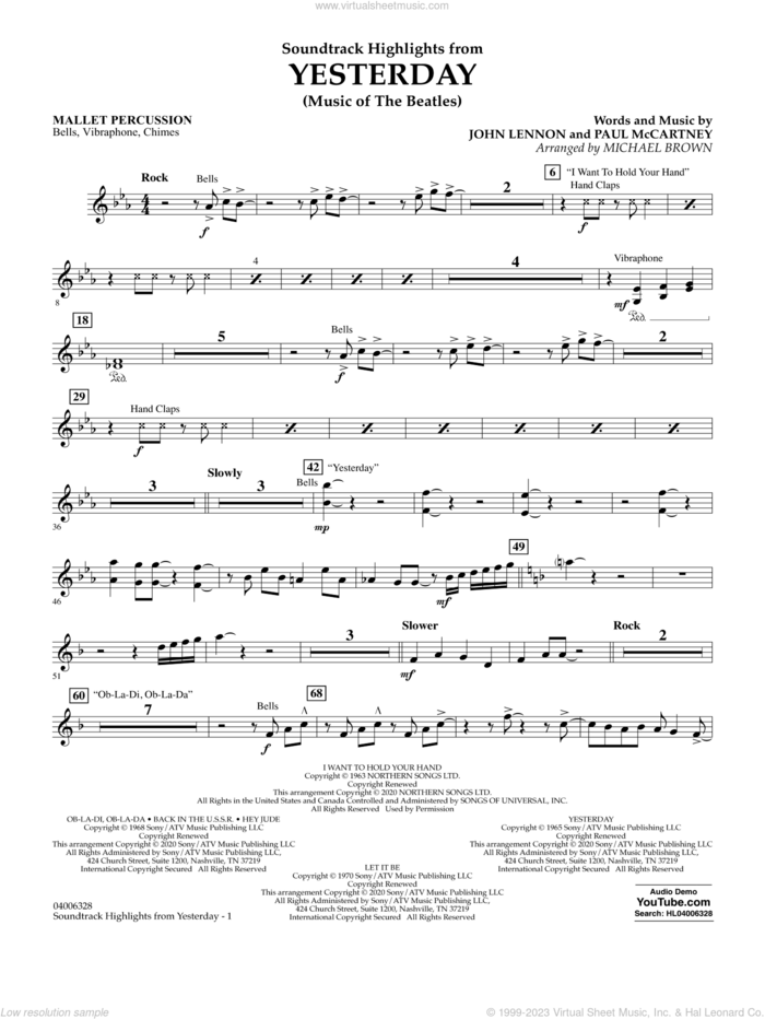Highlights from Yesterday (Music Of The Beatles) (arr. Michael Brown) sheet music for concert band (mallet percussion) by The Beatles, Michael Brown, John Lennon and Paul McCartney, intermediate skill level