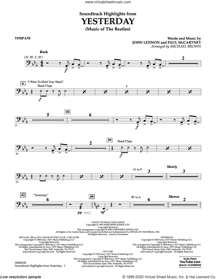 Highlights from Yesterday (Music Of The Beatles) (arr. Michael Brown) sheet music for concert band (timpani) by The Beatles, Michael Brown, John Lennon and Paul McCartney, intermediate skill level