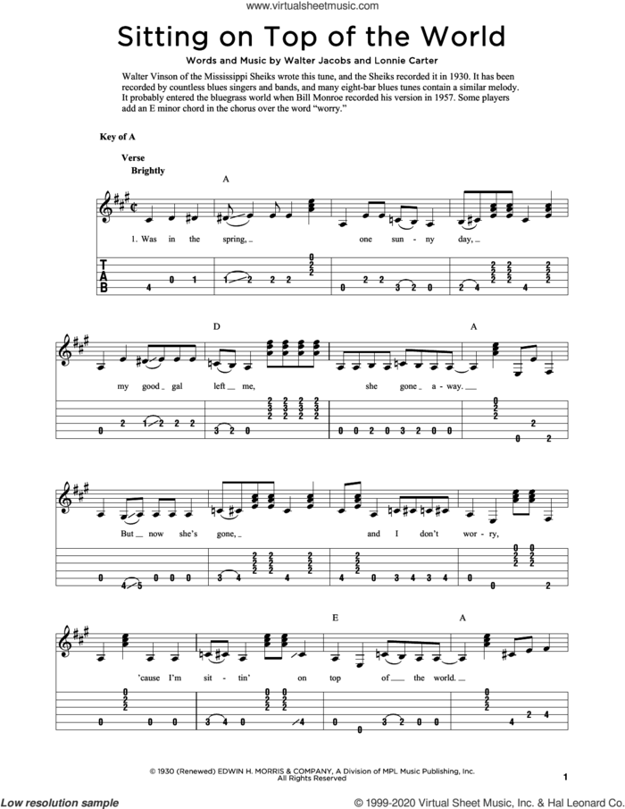 Sitting On Top Of The World (arr. Fred Sokolow) sheet music for guitar solo by John Duffey and Fred Sokolow, intermediate skill level