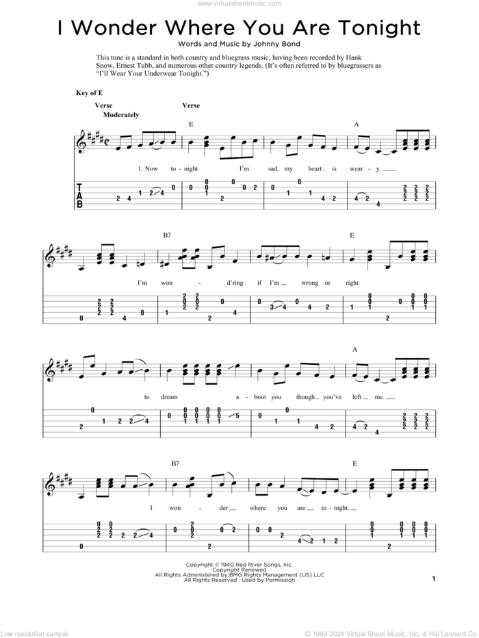 I Wonder Where You Are Tonight (arr. Fred Sokolow) sheet music for guitar solo by Johnny Bond and Fred Sokolow, intermediate skill level