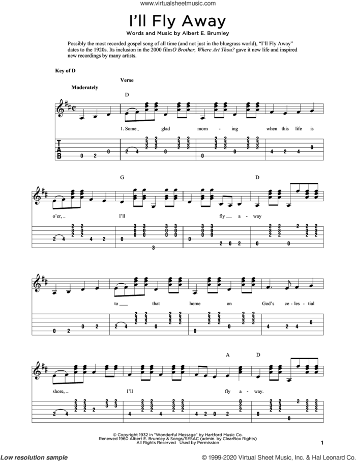 I'll Fly Away (arr. Fred Sokolow) sheet music for guitar solo by Albert E. Brumley and Fred Sokolow, intermediate skill level