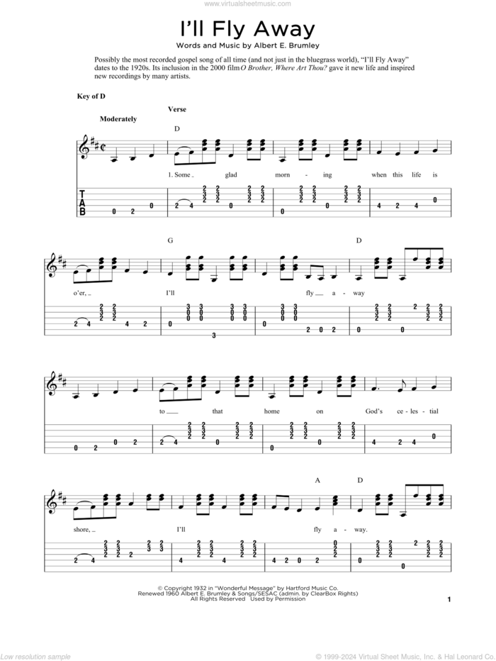 I'll Fly Away (arr. Fred Sokolow) sheet music for guitar solo by Albert E. Brumley and Fred Sokolow, intermediate skill level