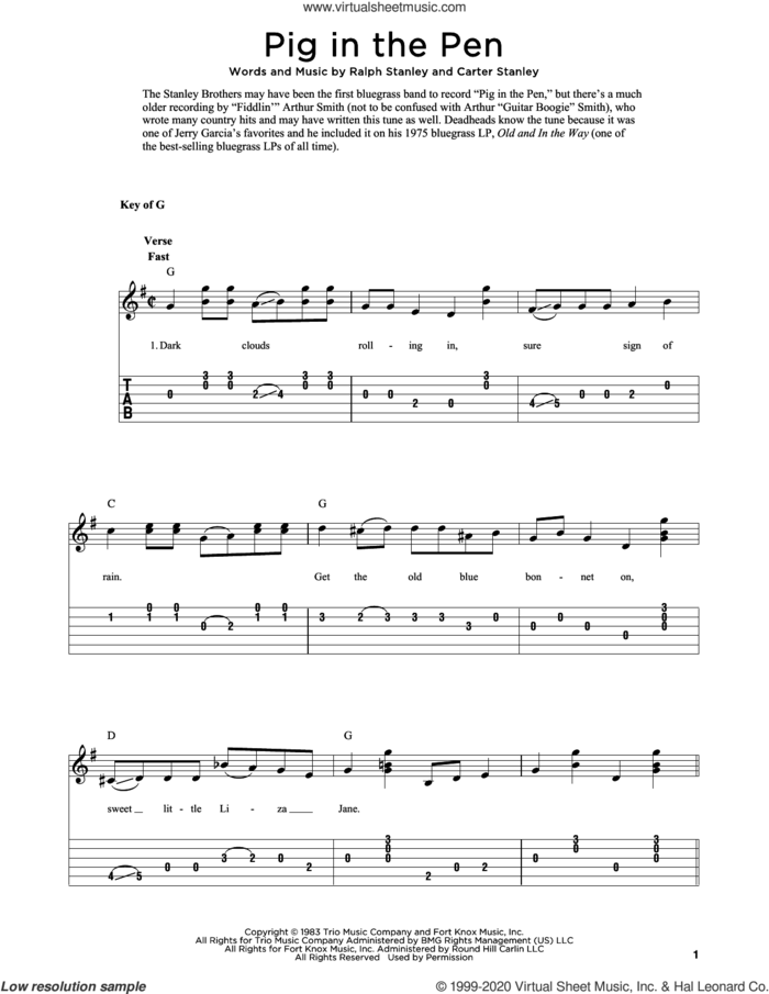 Pig In The Pen (arr. Fred Sokolow) sheet music for guitar solo by Carter Stanley, Fred Sokolow and Ralph Stanley, intermediate skill level
