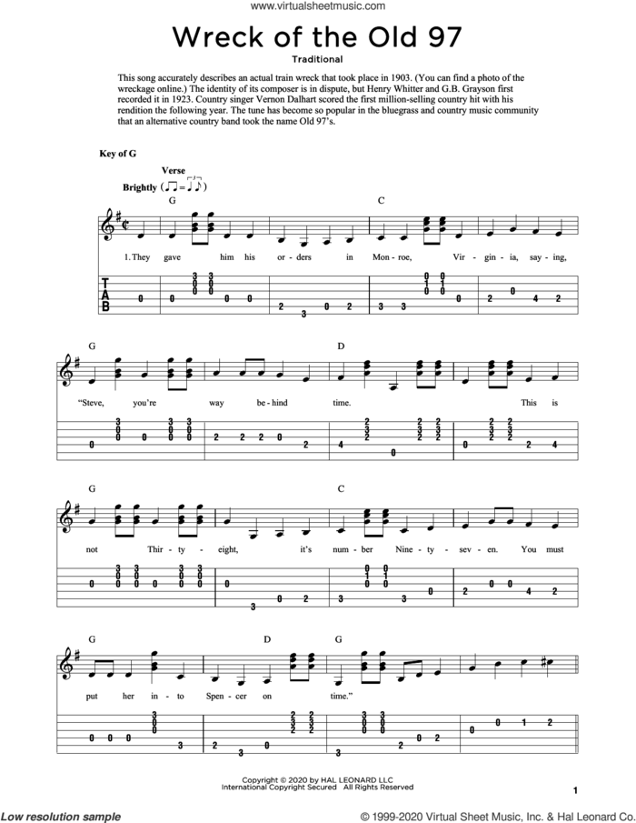 Wreck Of The Old 97 (arr. Fred Sokolow) sheet music for guitar solo  and Fred Sokolow, intermediate skill level