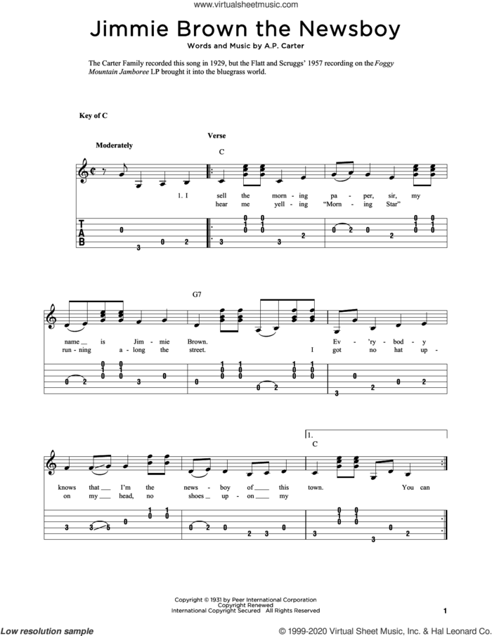 Jimmie Brown The Newsboy (arr. Fred Sokolow) sheet music for guitar solo by The Carter Family, Fred Sokolow and A.P. Carter, intermediate skill level