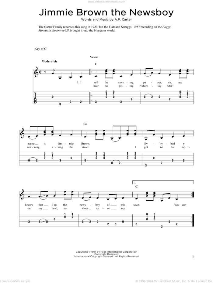 Jimmie Brown The Newsboy (arr. Fred Sokolow) sheet music for guitar solo by The Carter Family, Fred Sokolow and A.P. Carter, intermediate skill level