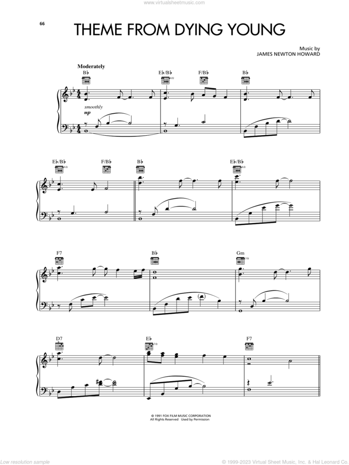 Theme From Dying Young sheet music for piano solo by Kenny G and James Newton Howard, intermediate skill level