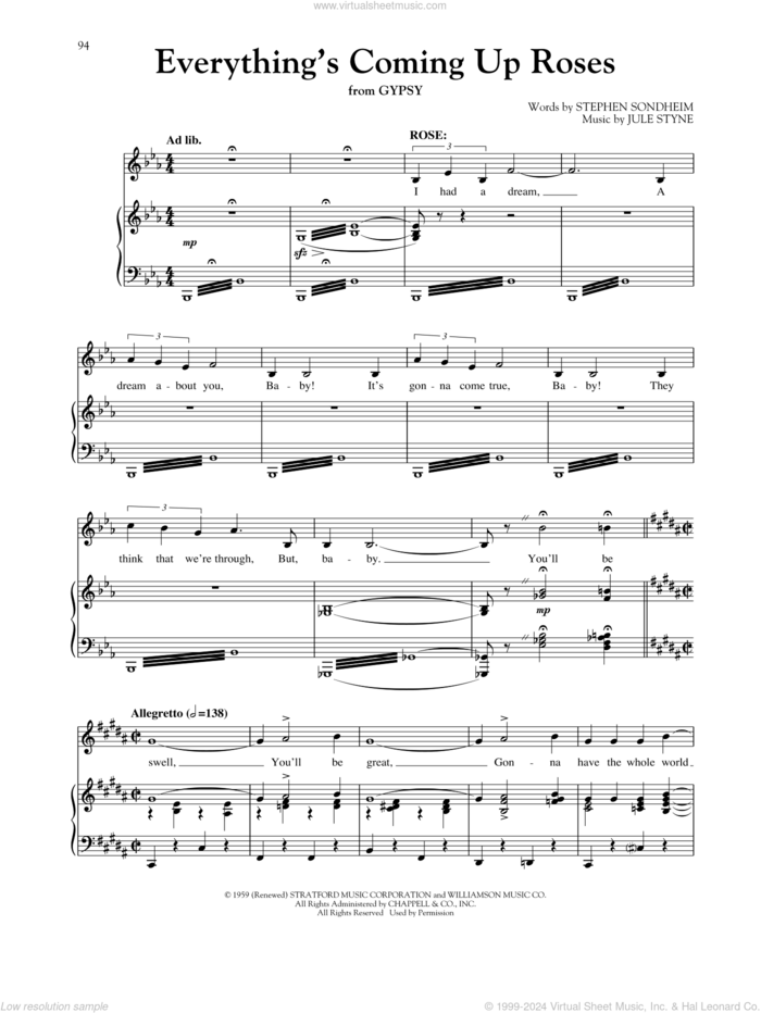 Everything's Coming Up Roses (from Gypsy) (arr. Richard Walters) sheet music for voice and piano by Stephen Sondheim, Richard Walters, Bernadette Peters and Jule Styne, intermediate skill level