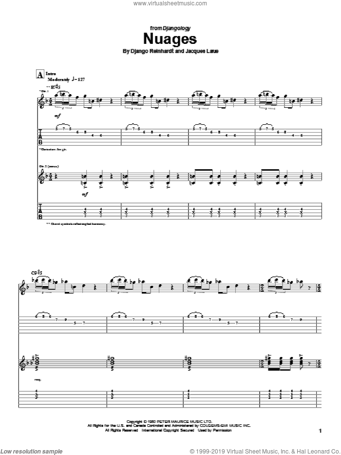 Nuages sheet music for guitar (tablature) by Django Reinhardt and Jacques Larue, intermediate skill level