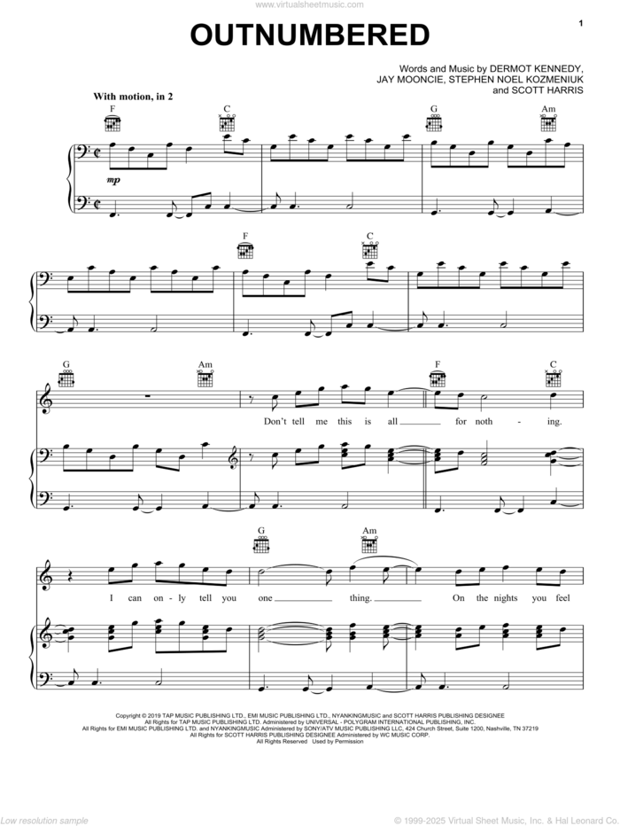 Outnumbered sheet music for voice, piano or guitar by Dermot Kennedy, Jay Mooncie, Scott Harris and Stephen Noel Kozmeniuk, intermediate skill level