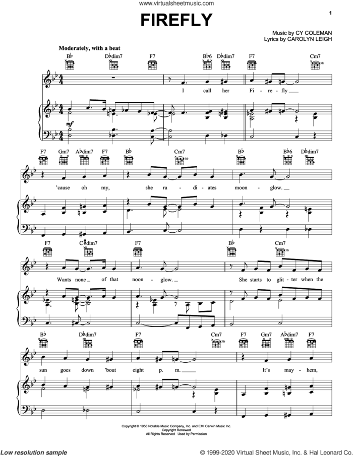 Firefly sheet music for voice, piano or guitar by Tony Bennett, Carolyn Leigh and Cy Coleman, intermediate skill level