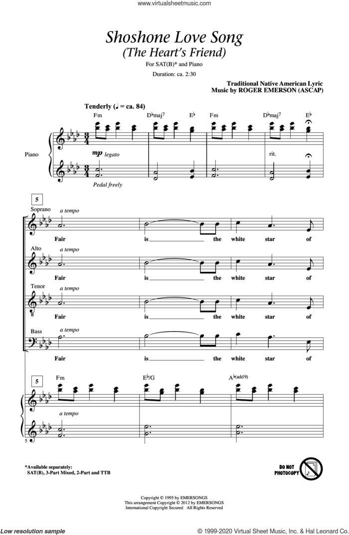 Shoshone Love Song (The Heart's Friend) sheet music for choir (SATB: soprano, alto, tenor, bass) by Roger Emerson and Traditional Native American Lyric, intermediate skill level