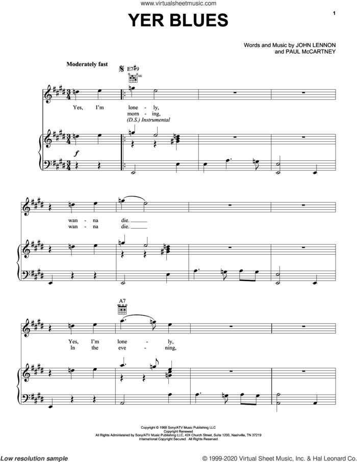 Yer Blues sheet music for voice, piano or guitar by The Beatles, John Lennon and Paul McCartney, intermediate skill level