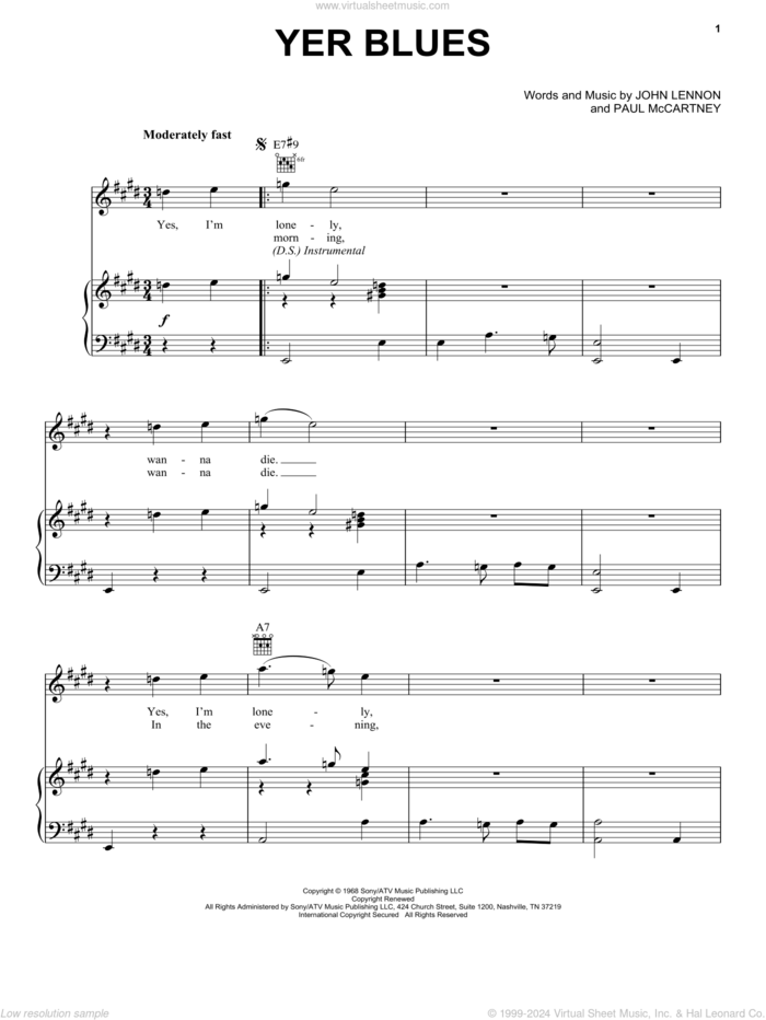 Yer Blues sheet music for voice, piano or guitar by The Beatles, John Lennon and Paul McCartney, intermediate skill level