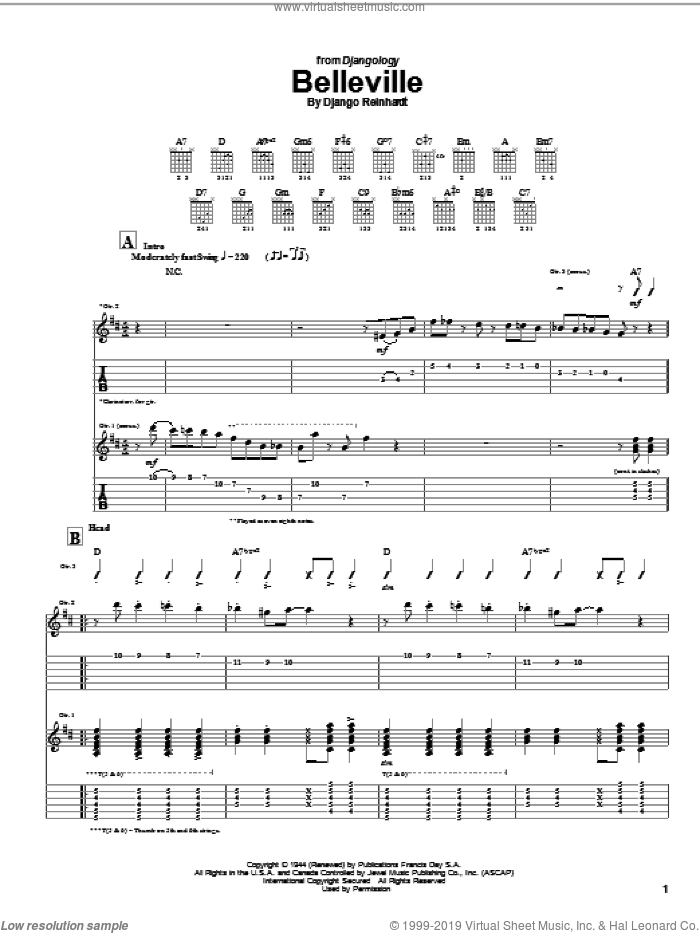 Belleville sheet music for guitar (tablature) by Django Reinhardt, intermediate skill level