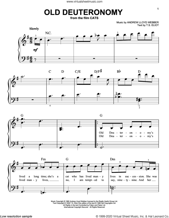 Old Deuteronomy (from the Motion Picture Cats) sheet music for piano solo by Robbie Fairchild, Andrew Lloyd Webber and T.S. Eliot, easy skill level