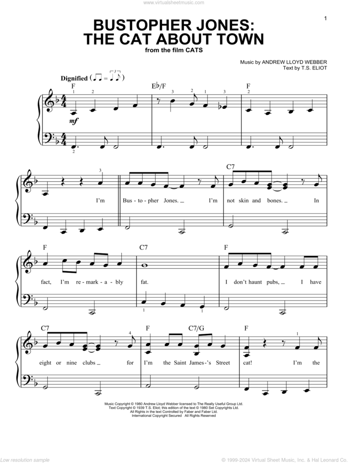 Bustopher Jones: The Cat About Town (from the Motion Picture Cats) sheet music for piano solo by James Corden, Andrew Lloyd Webber and T.S. Eliot, easy skill level