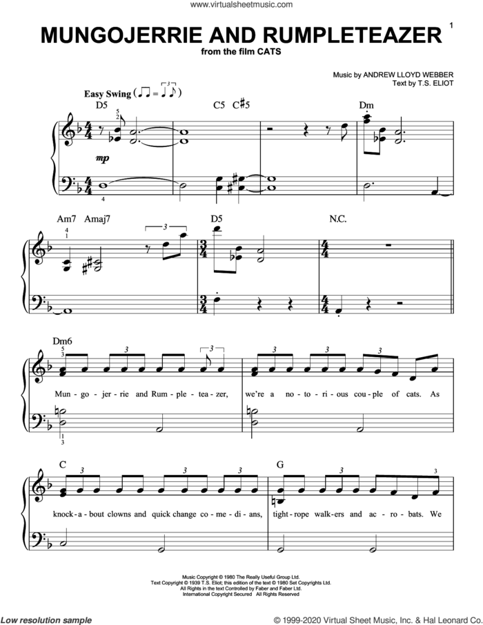Mungojerrie And Rumpleteazer (from the Motion Picture Cats) sheet music for piano solo by Cats Cast, Andrew Lloyd Webber and T.S. Eliot, easy skill level