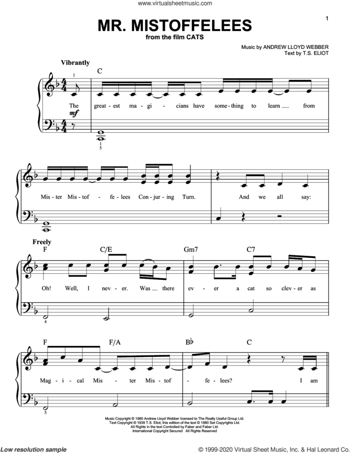 Mr. Mistoffelees (from the Motion Picture Cats) sheet music for piano solo by Laurie Davidson, Andrew Lloyd Webber and T.S. Eliot, easy skill level