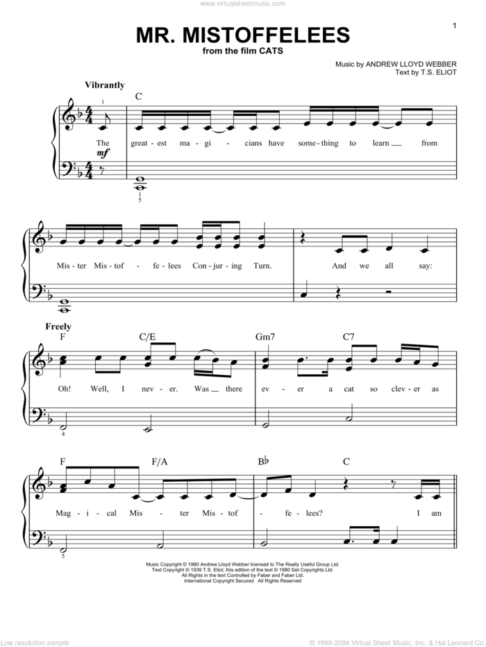 Mr. Mistoffelees (from the Motion Picture Cats) sheet music for piano solo by Laurie Davidson, Andrew Lloyd Webber and T.S. Eliot, easy skill level