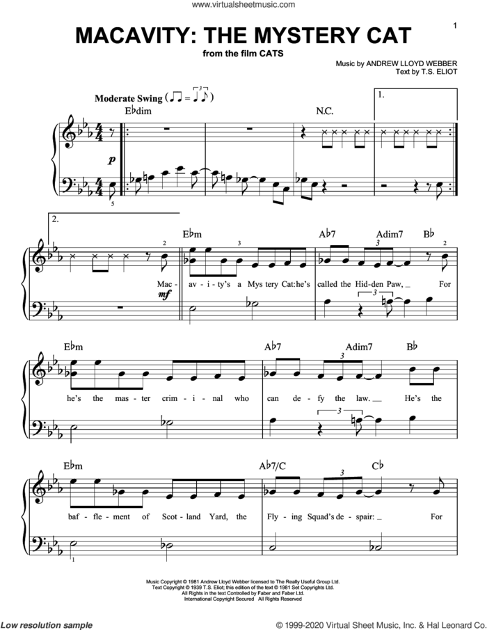 Macavity: The Mystery Cat (from the Motion Picture Cats) sheet music for piano solo by Taylor Swift, Andrew Lloyd Webber and T.S. Eliot, easy skill level