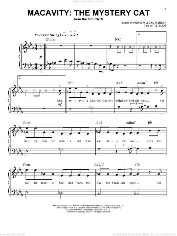 Macavity: The Mystery Cat (from the Motion Picture Cats) sheet music for piano solo by Taylor Swift, Andrew Lloyd Webber and T.S. Eliot, easy skill level