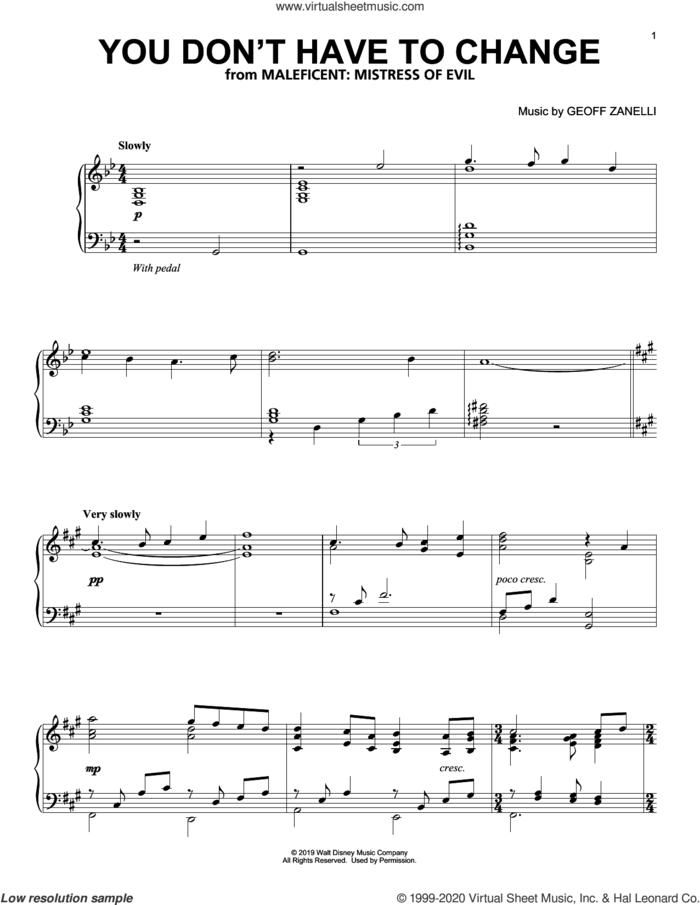 You Don't Have To Change (from Disney's Maleficent: Mistress of Evil) sheet music for piano solo by Geoff Zanelli, intermediate skill level