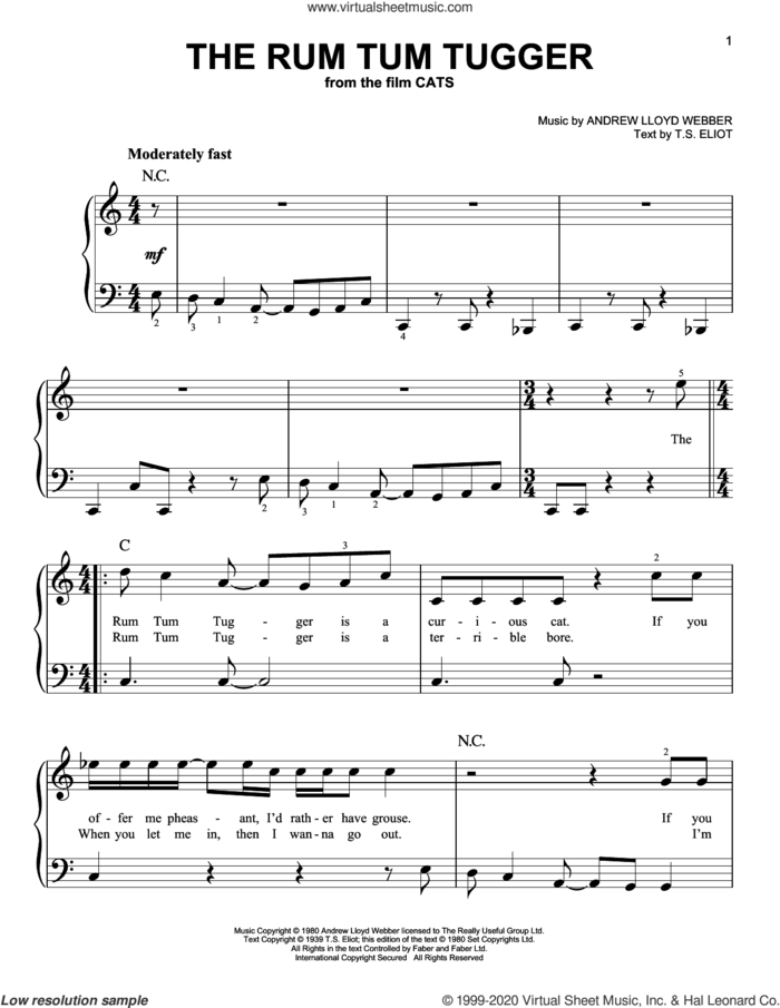 The Rum Tum Tugger (from the Motion Picture Cats) sheet music for piano solo by Jason Derulo, Andrew Lloyd Webber and T.S. Eliot, easy skill level