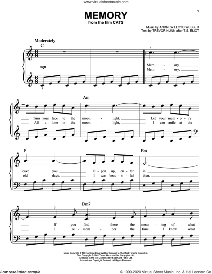 Memory (from the Motion Picture Cats) sheet music for piano solo by Jennifer Hudson, Andrew Lloyd Webber and Trevor Nunn, easy skill level