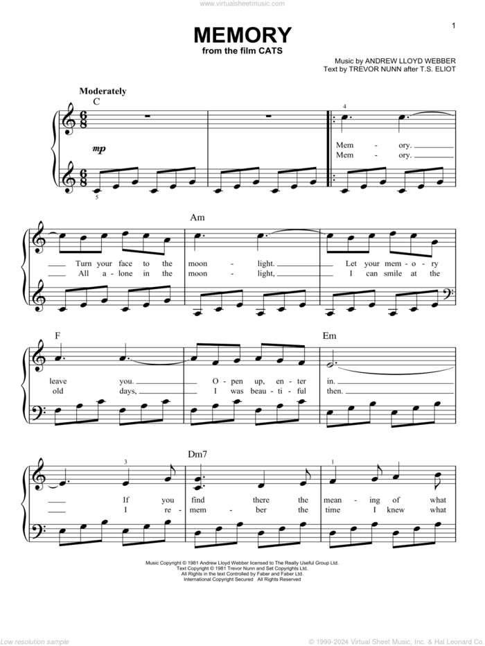 Memory (from the Motion Picture Cats) sheet music for piano solo by Jennifer Hudson, Andrew Lloyd Webber and Trevor Nunn, easy skill level