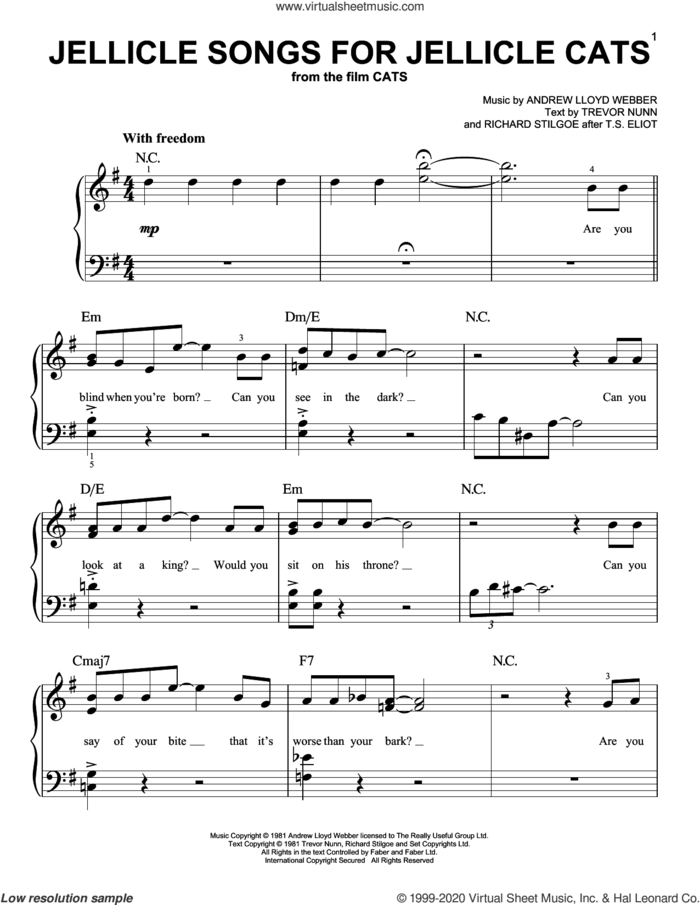 Jellicle Songs For Jellicle Cats (from the Motion Picture Cats) sheet music for piano solo by Cats Cast, Andrew Lloyd Webber, Richard Stilgoe after T.S. Eli and Trevor Nunn, easy skill level