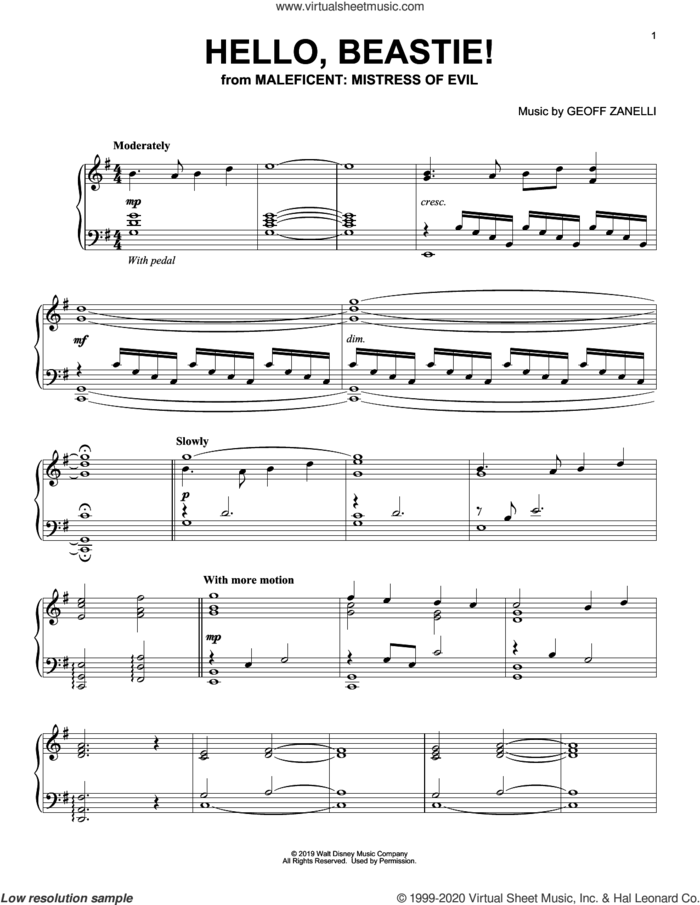 Hello, Beastie! (from Disney's Maleficent: Mistress of Evil) sheet music for piano solo by Geoff Zanelli, intermediate skill level