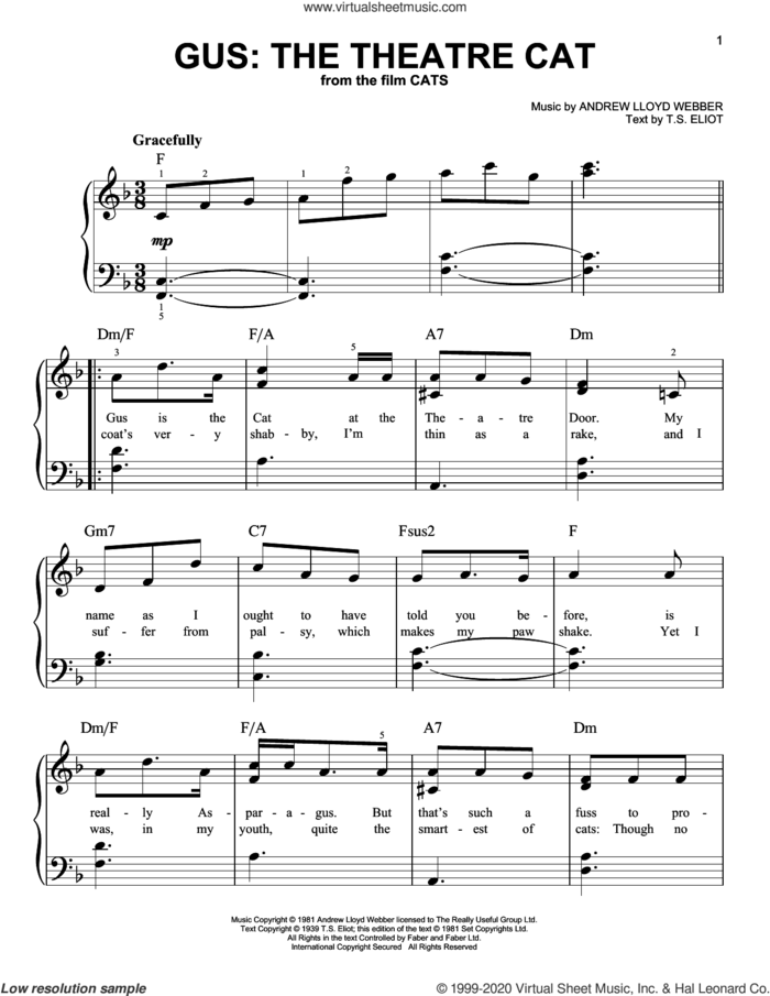Gus: The Theatre Cat (from the Motion Picture Cats) sheet music for piano solo by Ian McKellen, Andrew Lloyd Webber and T.S. Eliot, easy skill level