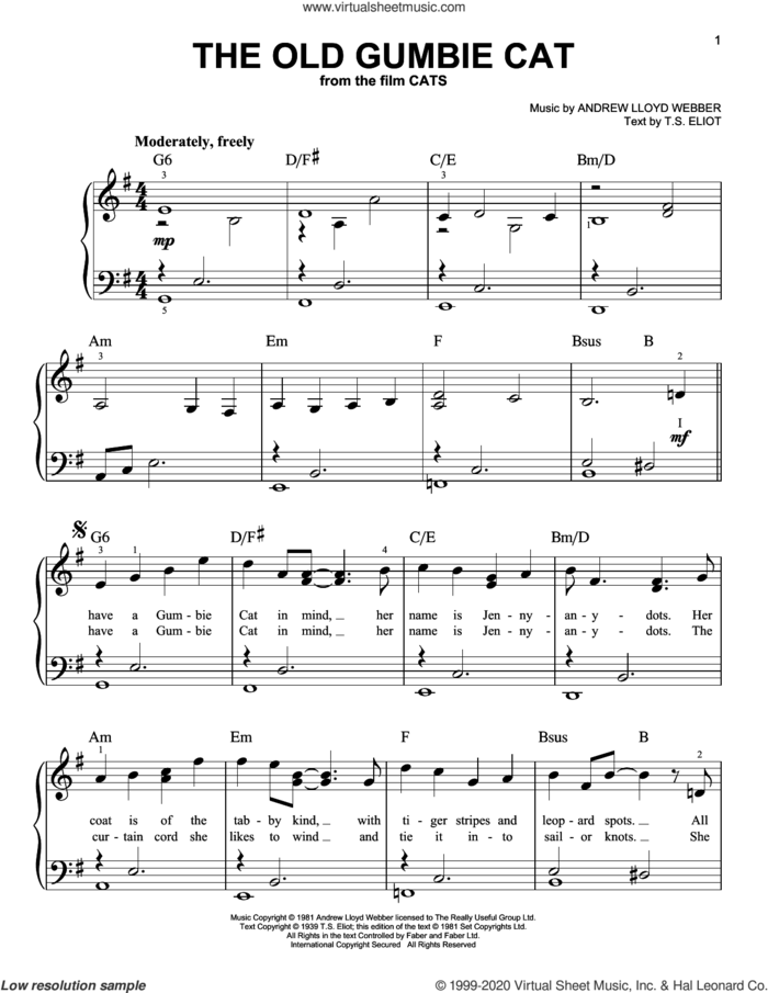 The Old Gumbie Cat (from the Motion Picture Cats) sheet music for piano solo by Rebel Wilson and Robbie Fairchild, Andrew Lloyd Webber and T.S. Eliot, easy skill level