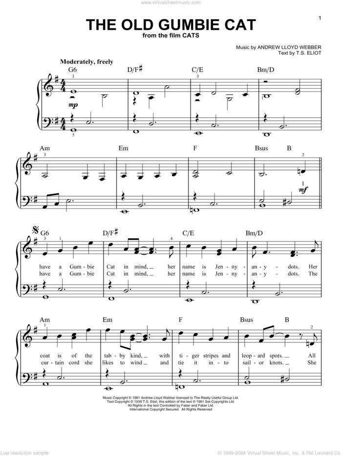 The Old Gumbie Cat (from the Motion Picture Cats) sheet music for piano solo by Rebel Wilson and Robbie Fairchild, Andrew Lloyd Webber and T.S. Eliot, easy skill level