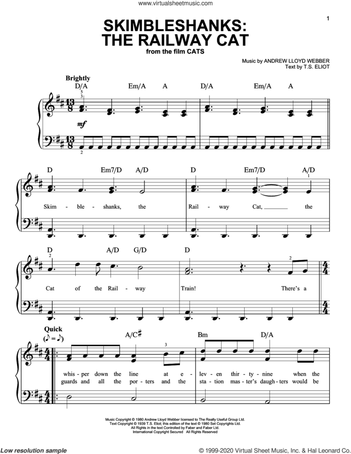 Skimbleshanks: The Railway Cat (from the Motion Picture Cats) sheet music for piano solo by Steven McRae and Robbie Fairchild, Andrew Lloyd Webber and T.S. Eliot, easy skill level