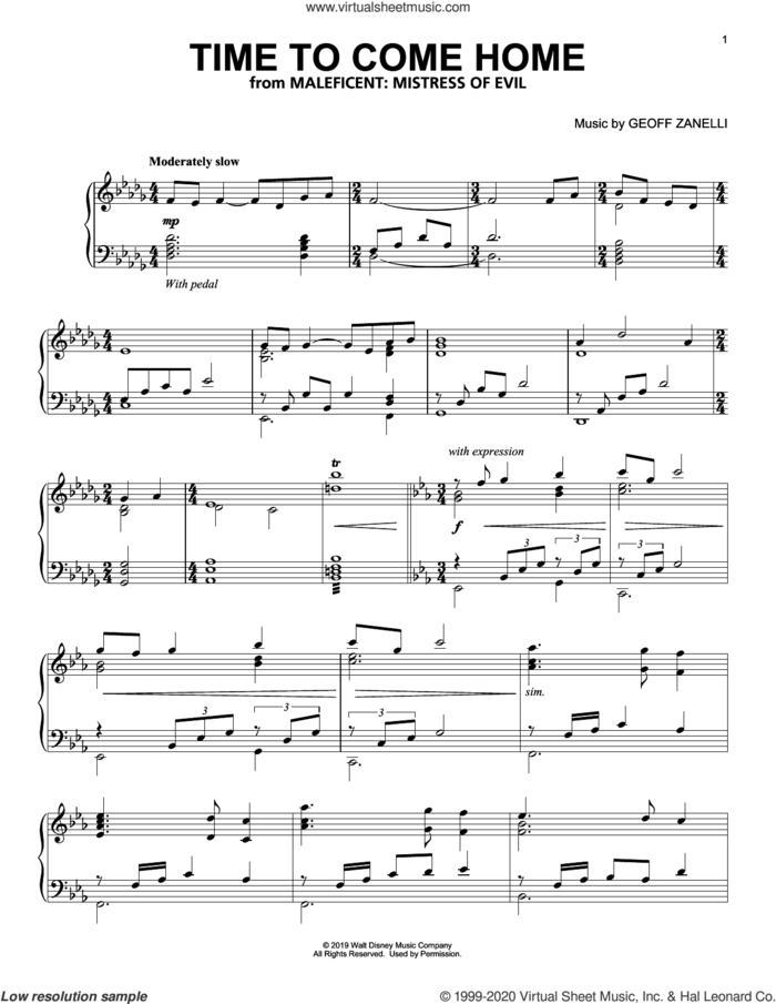 Time To Come Home (from Disney's Maleficent: Mistress of Evil) sheet music for piano solo by Geoff Zanelli, intermediate skill level