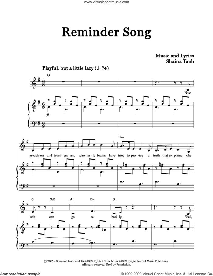 Reminder Song sheet music for voice and piano by Shaina Taub, intermediate skill level