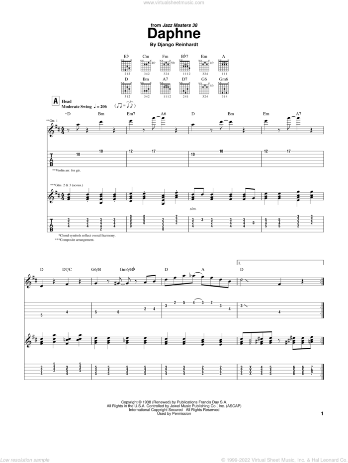 Daphne sheet music for guitar (tablature) by Django Reinhardt, intermediate skill level