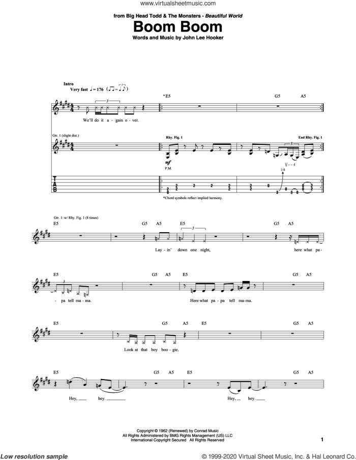 Boom Boom sheet music for guitar (tablature) by Big Head Todd & The Monsters and John Lee Hooker, intermediate skill level