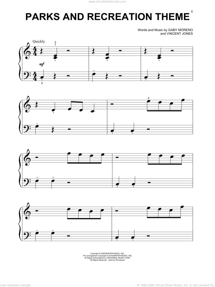 Parks And Recreation Theme sheet music for piano solo (big note book) by Gaby Moreno and Vincent Jones, Gaby Moreno and Vincent Jones, easy piano (big note book)