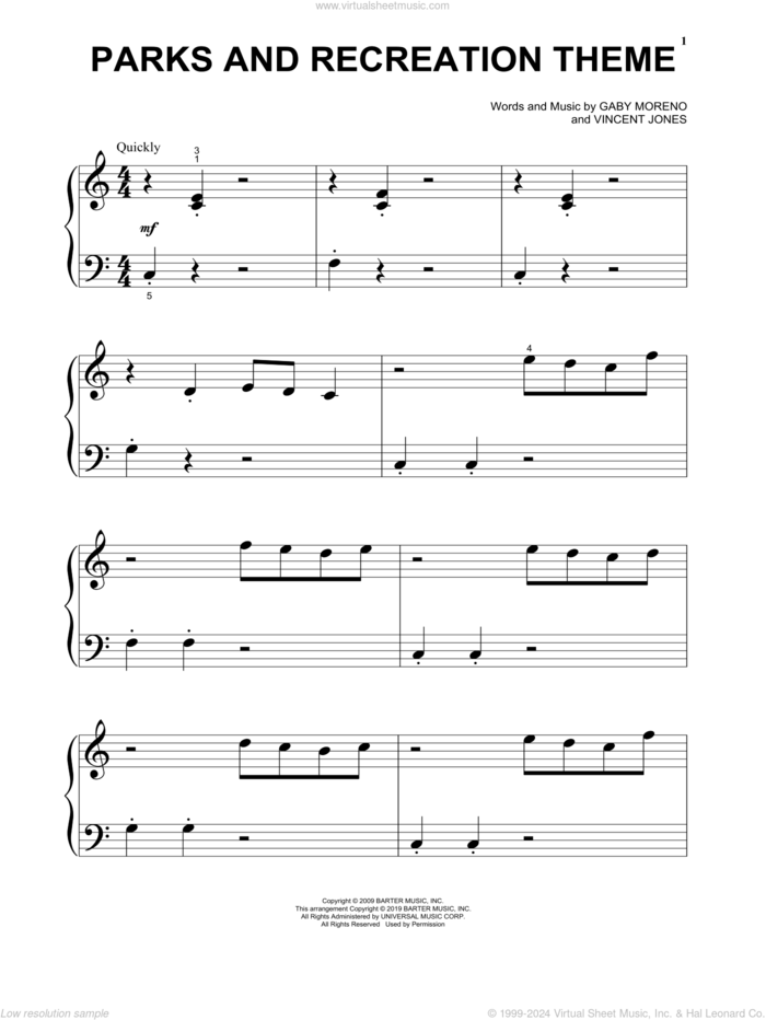 Parks And Recreation Theme, (beginner) sheet music for piano solo by Gaby Moreno and Vincent Jones, Gaby Moreno and Vincent Jones, beginner skill level