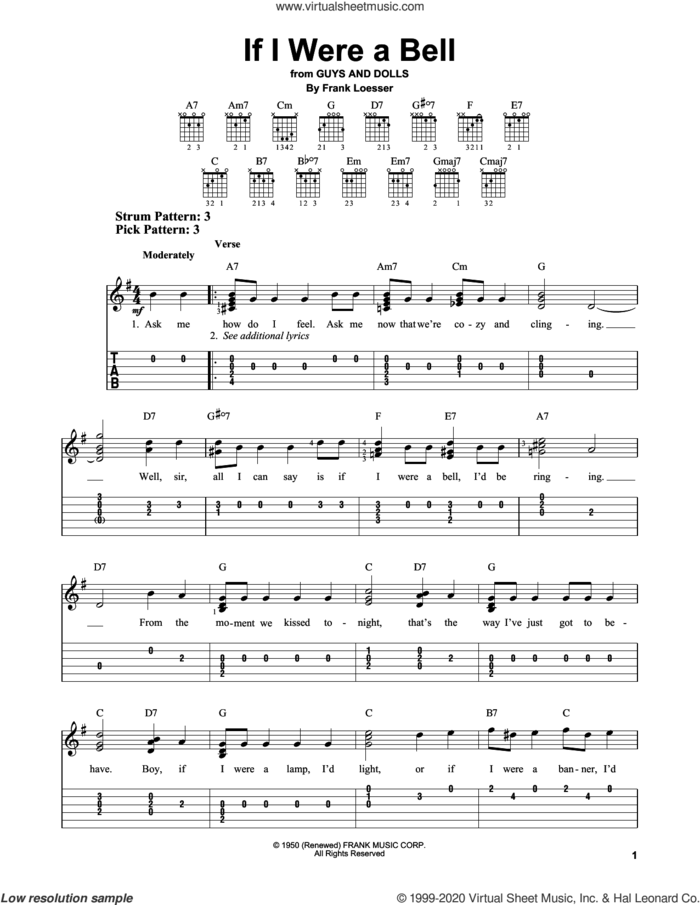 If I Were A Bell (from Guys And Dolls) sheet music for guitar solo (easy tablature) by Frank Loesser, easy guitar (easy tablature)